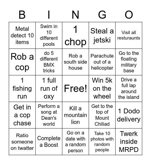 NoPixel Bingo Card