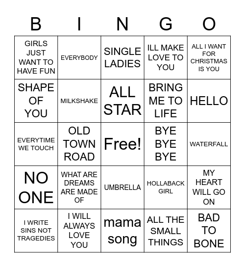 Lyrics We All Know Bingo Card