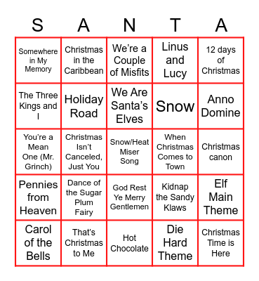 Songs of the Season Bingo Card