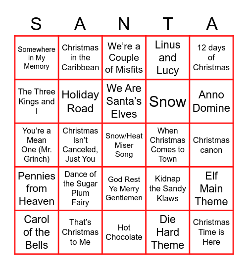 Songs of the Season Bingo Card