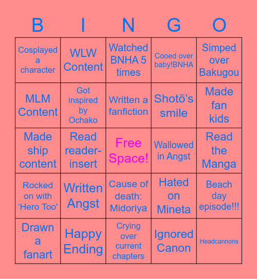 Boku No Hero Academia Bingo Card