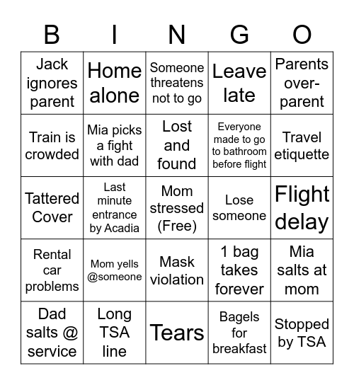 Family Travel Bingo Card