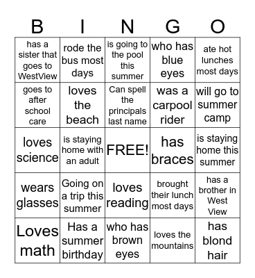 End of  year Bingo Card