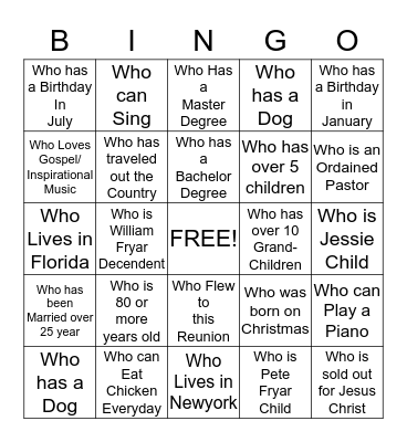 Fryar Family Reunion Meet and Greet Bingo Card