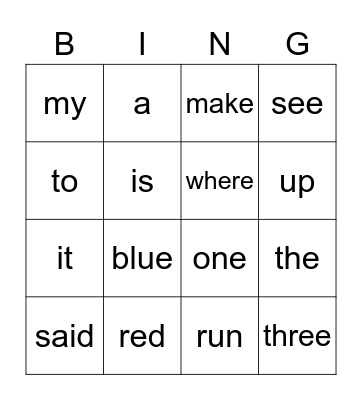 Sight Words Bingo Card