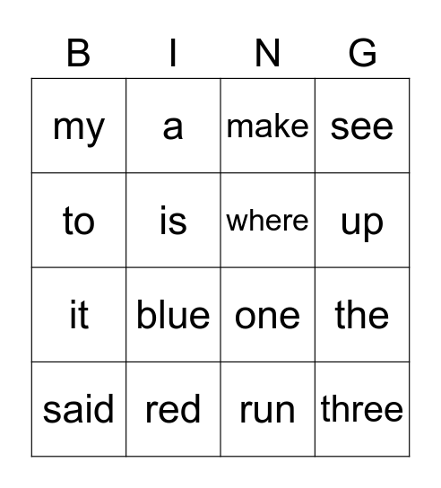 Sight Words Bingo Card