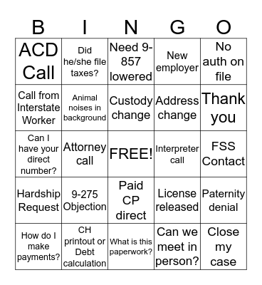 Telephone Bingo Card