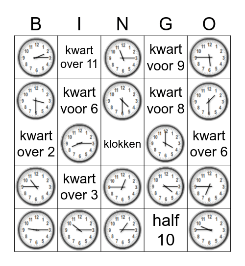 klokken hele uren, halve uren en kwartieren in woord en beeld Bingo Card
