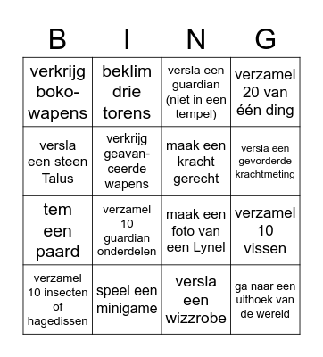 Bingo of the Wild Bingo Card
