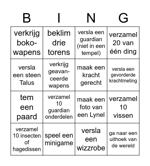 Bingo of the Wild Bingo Card