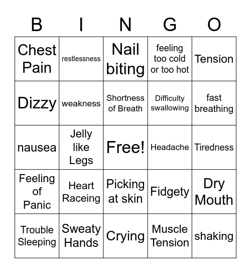 Anxiety Bingo Card