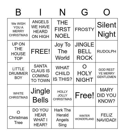 Piano Holiday Songs Bingo Card