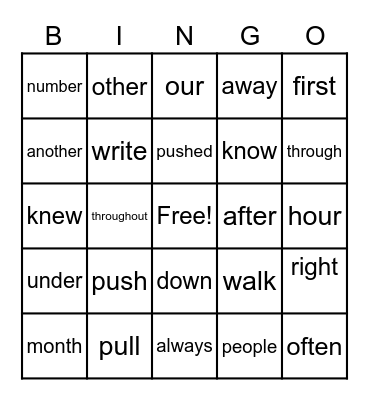Sight Word Bingo Card
