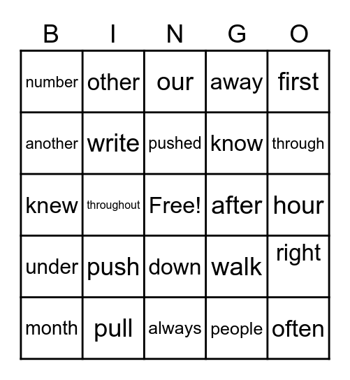 Sight Word Bingo Card