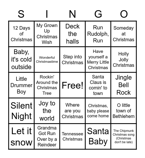 Christmas Music Bingo Card