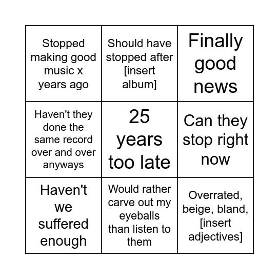 Coldplay HATE Bingo! Bingo Card