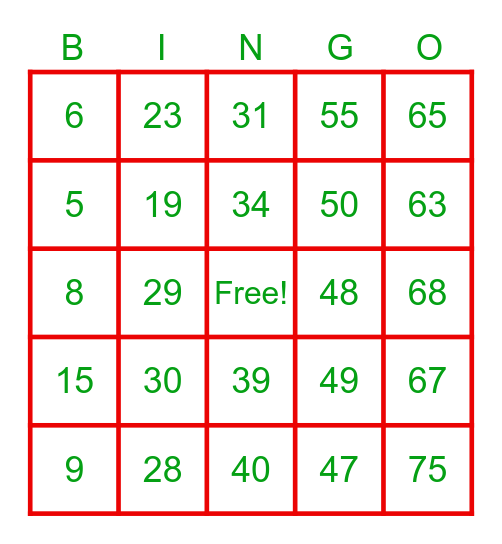 Number Bingo 1-75 Bingo Card