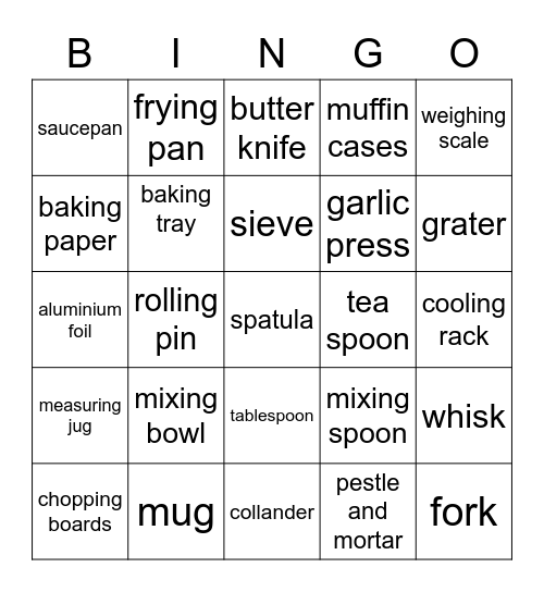 KITCHEN UTENSIL BINGO Card