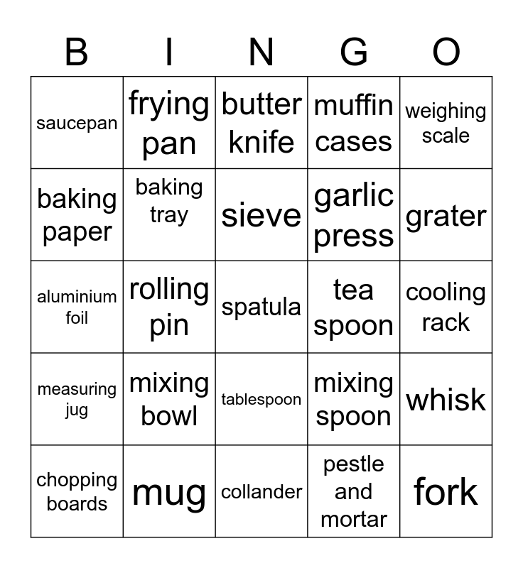 KITCHEN UTENSIL BINGO Card