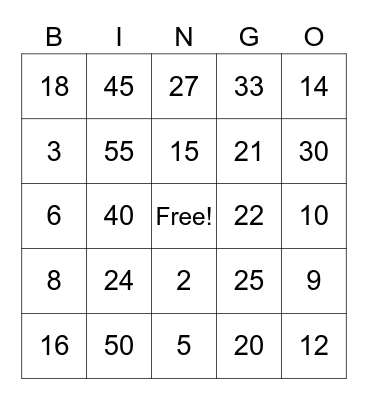 Multiplication basic facts Bingo Card