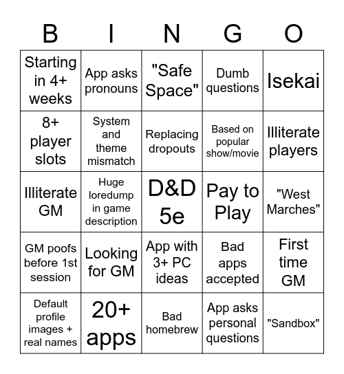 Roll20 LFG Bingo Card