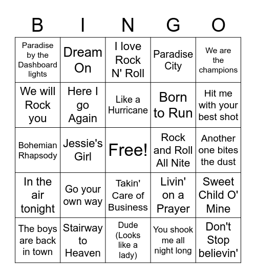 70's vs. 80's Rock Bingo Card