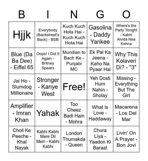 Bollywood Bingo Card