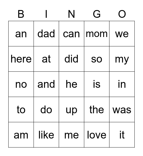 Sight Word List 1 Bingo Card