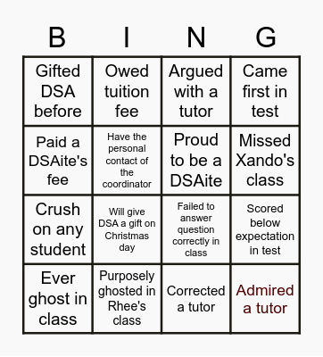 DSA TUTELAGE Bingo Card