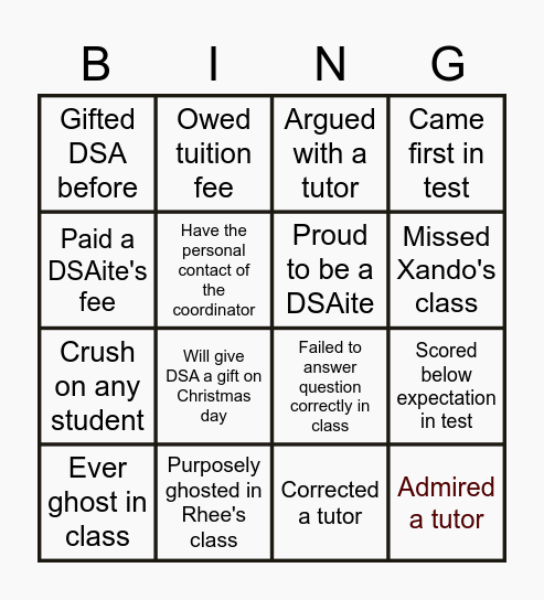 DSA TUTELAGE Bingo Card