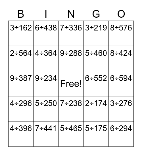 Division Bingo Card
