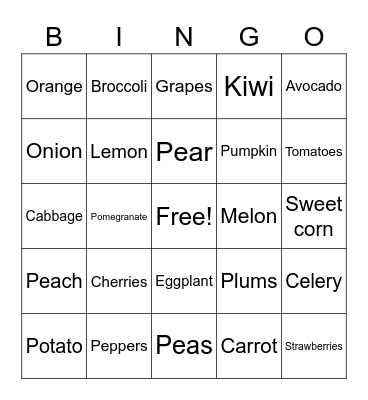 Fruits and Vegetables Bingo Card