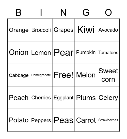 Fruits and Vegetables Bingo Card