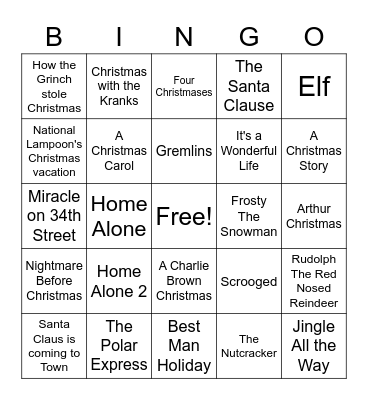 Holiday Movie Bingo Card