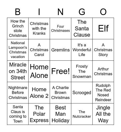 Holiday Movie Bingo Card