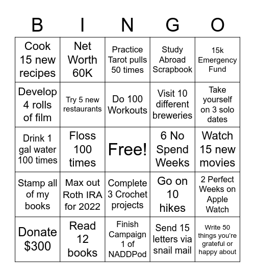 2022 Goals Bingo Card