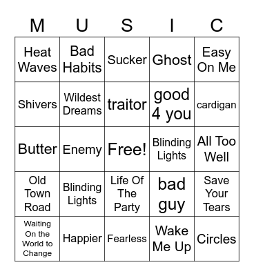 Music Bingo (Pop) Bingo Card