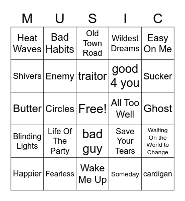 Music Bingo (Pop) Bingo Card