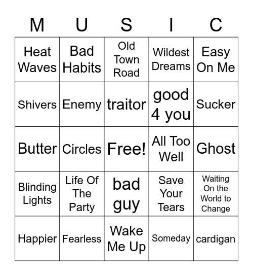 Music Bingo (Pop) Bingo Card