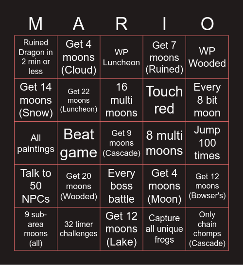 Mario Odyssey Bingo Card