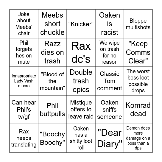 AFK raid Bingo Card