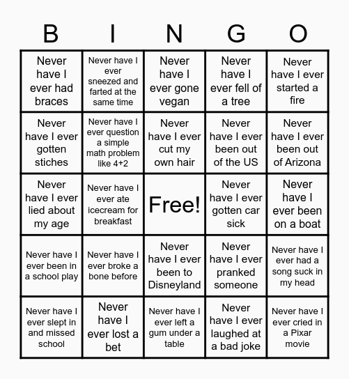 Never Have I Ever Bingo Card