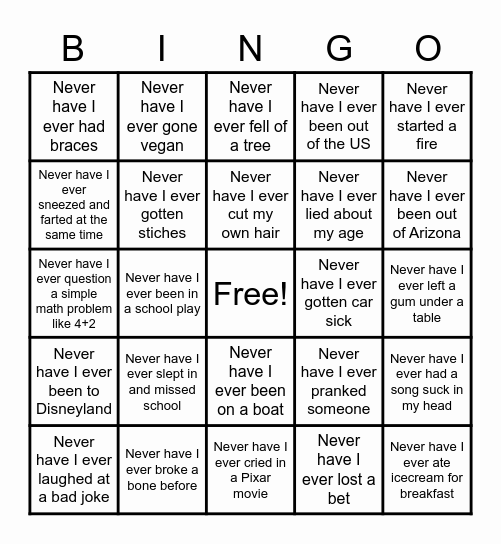 Never Have I Ever Bingo Card