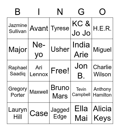 R & B Bingo Card