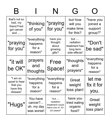 Lame things said to persons diagnosed with cancer (BINGO) Bingo Card