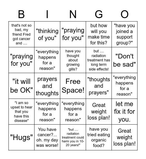Lame things said to persons diagnosed with cancer (BINGO) Bingo Card