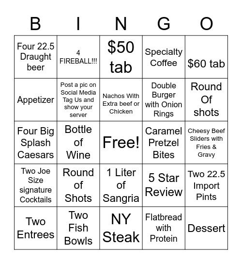 Shoeless Joes Bingo! Bingo Card