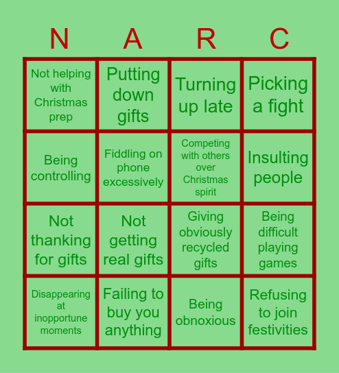 Narcissistic Christmas Bingo Card