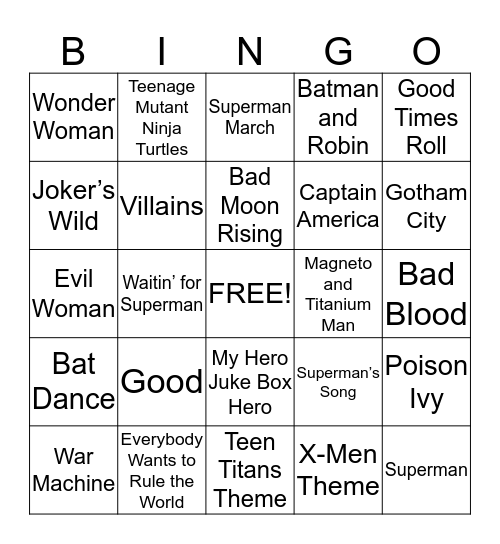 Heroes & Villains Bingo Card