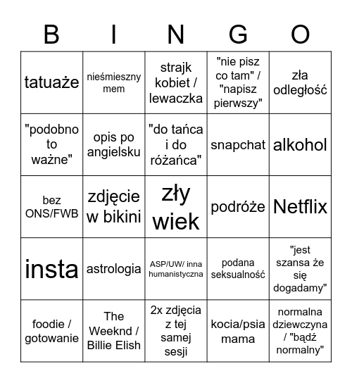 Tinder Bingo Card